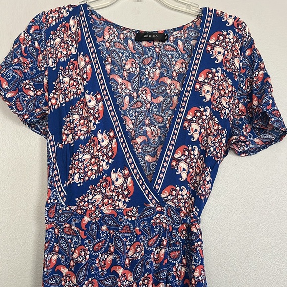 Zesica women blue, orange & cream paisley boho festival maxi wrap dress - Picture 3 of 12